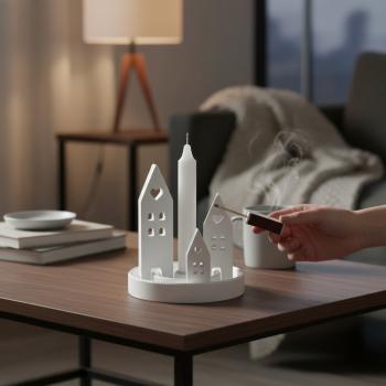 Runder Raysin‑Kerzenhalter mit drei weißen Lichthäusern in verschiedenen Größen.